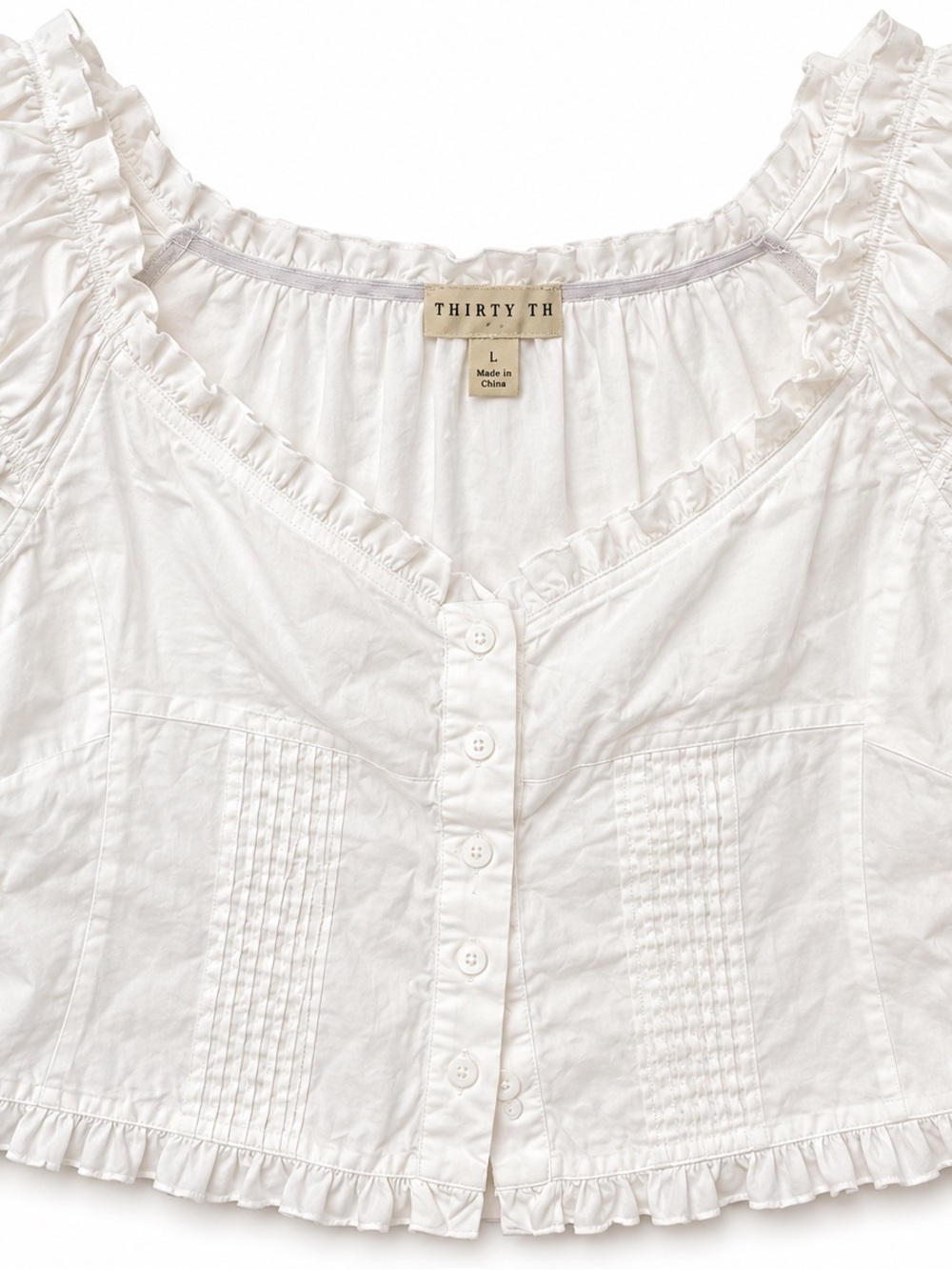 White Ruffle Button-Front Crop Top - Picture 2 of 4